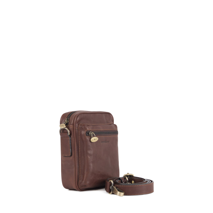 Brown leather crossbody bag with adjustable strap and zippered pockets