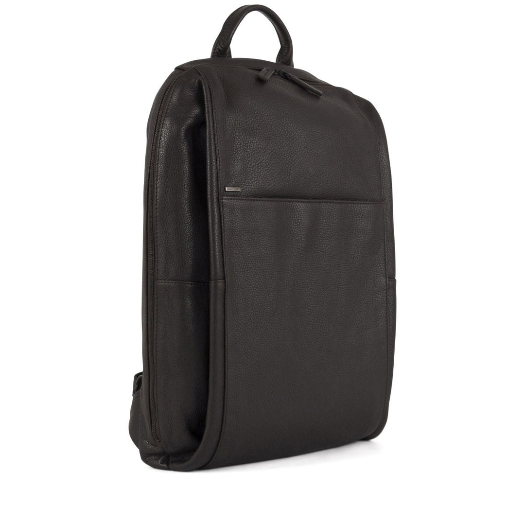 Black leather backpack with a front pocket and top handle