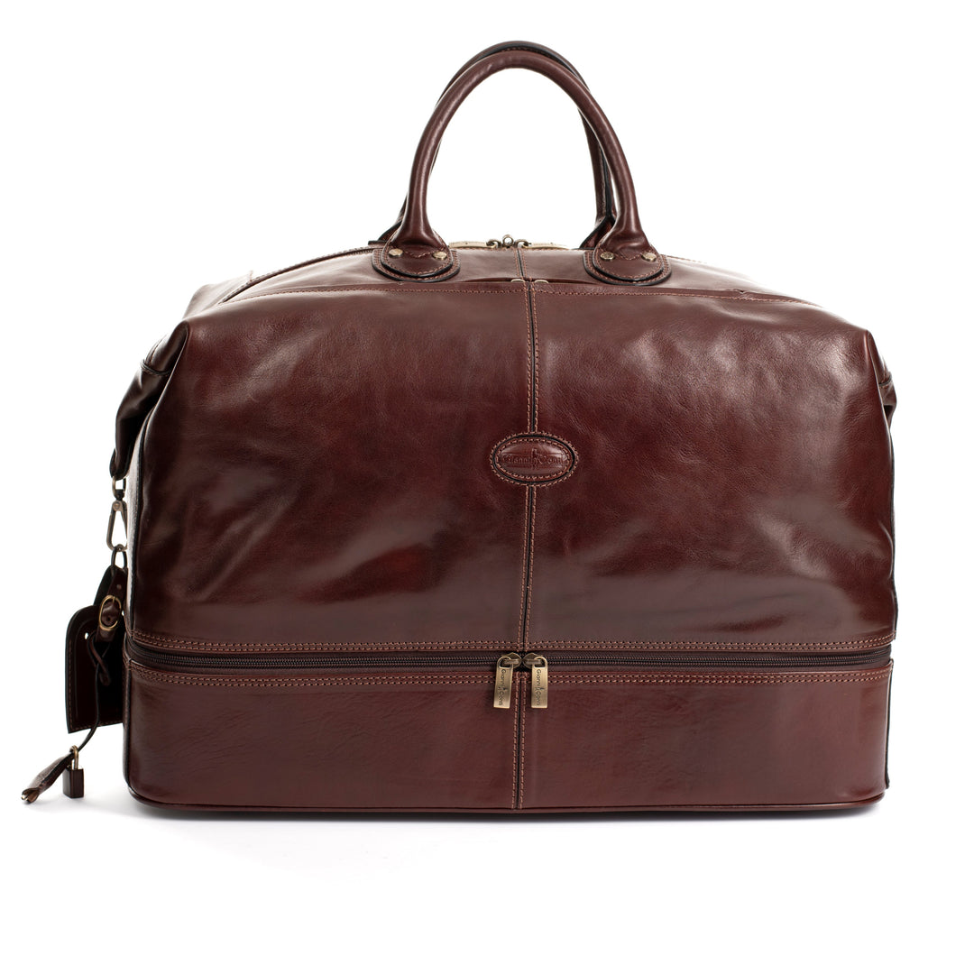 Luxurious brown leather duffle bag with handles and zipper compartments