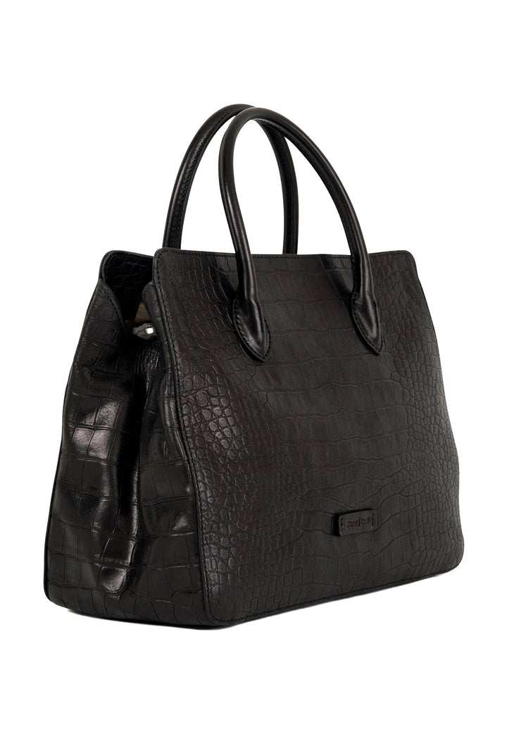 Black crocodile-textured leather handbag with dual handles