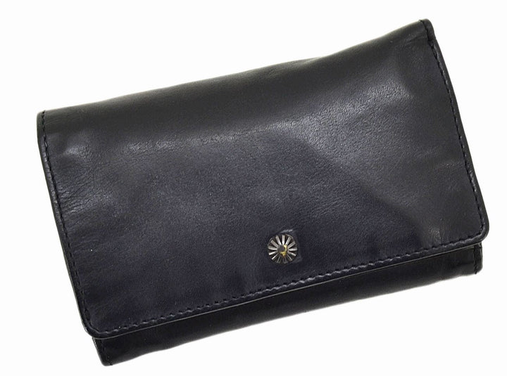 Black leather wallet with button snap closure