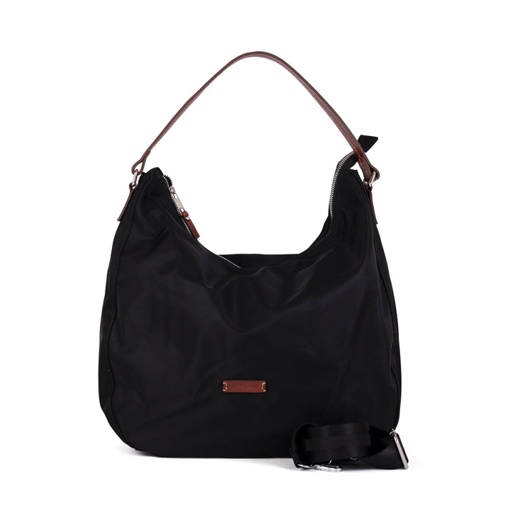 Black hobo handbag with a brown strap and a front pocket