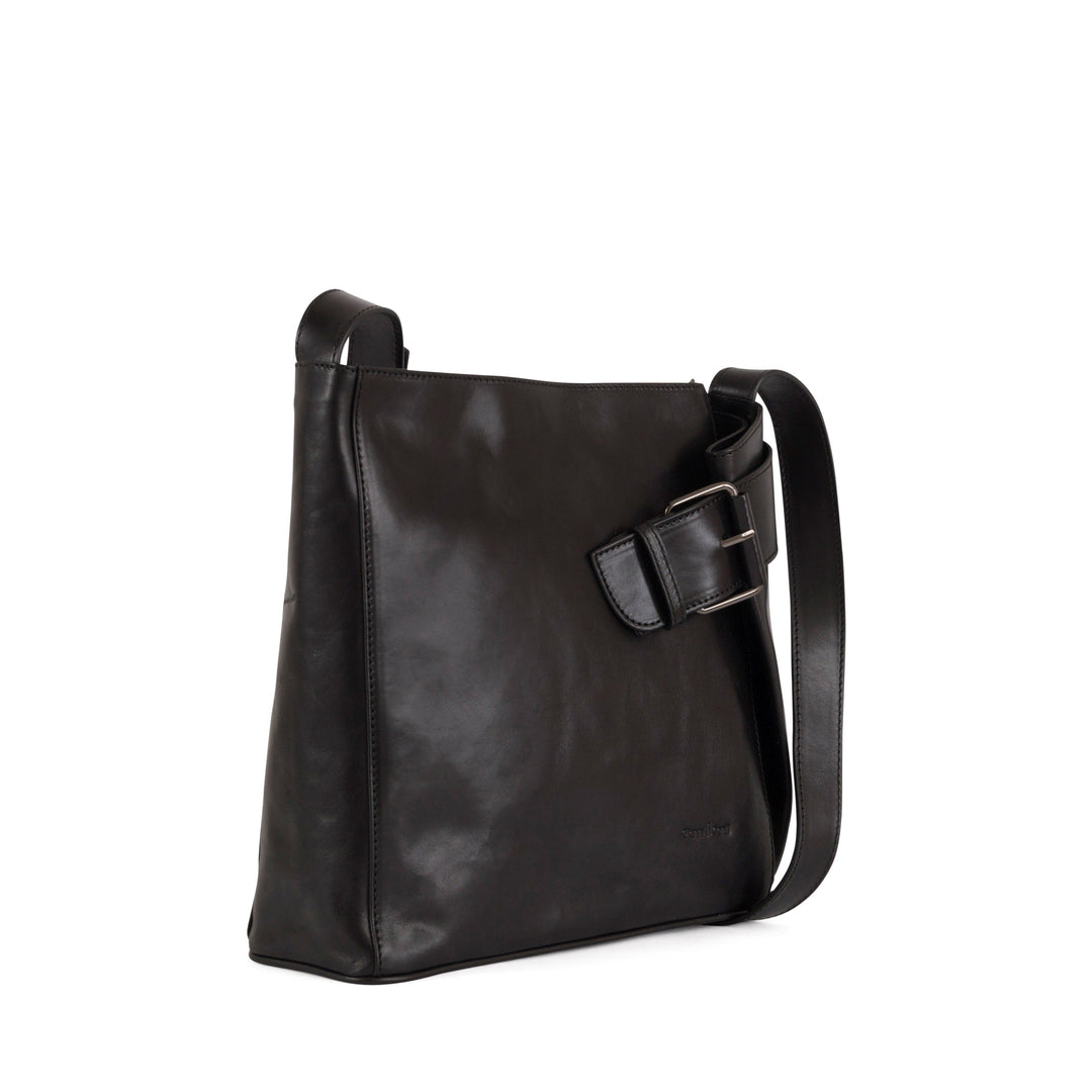 Black leather shoulder bag with buckle detail and adjustable strap