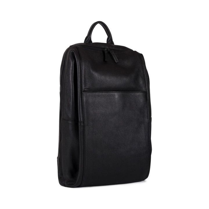 Sleek black leather backpack with front pocket and top handle