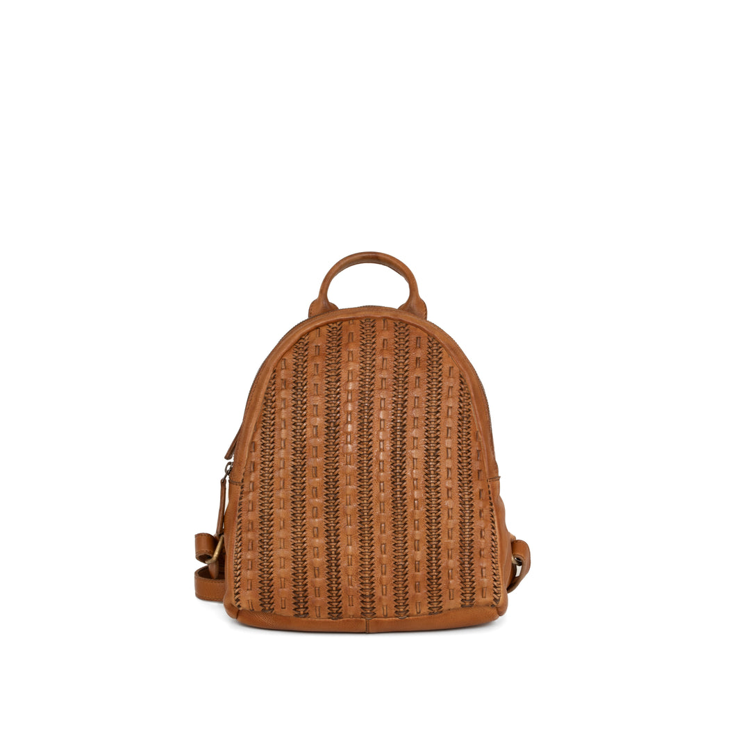 Brown leather backpack with intricate woven details