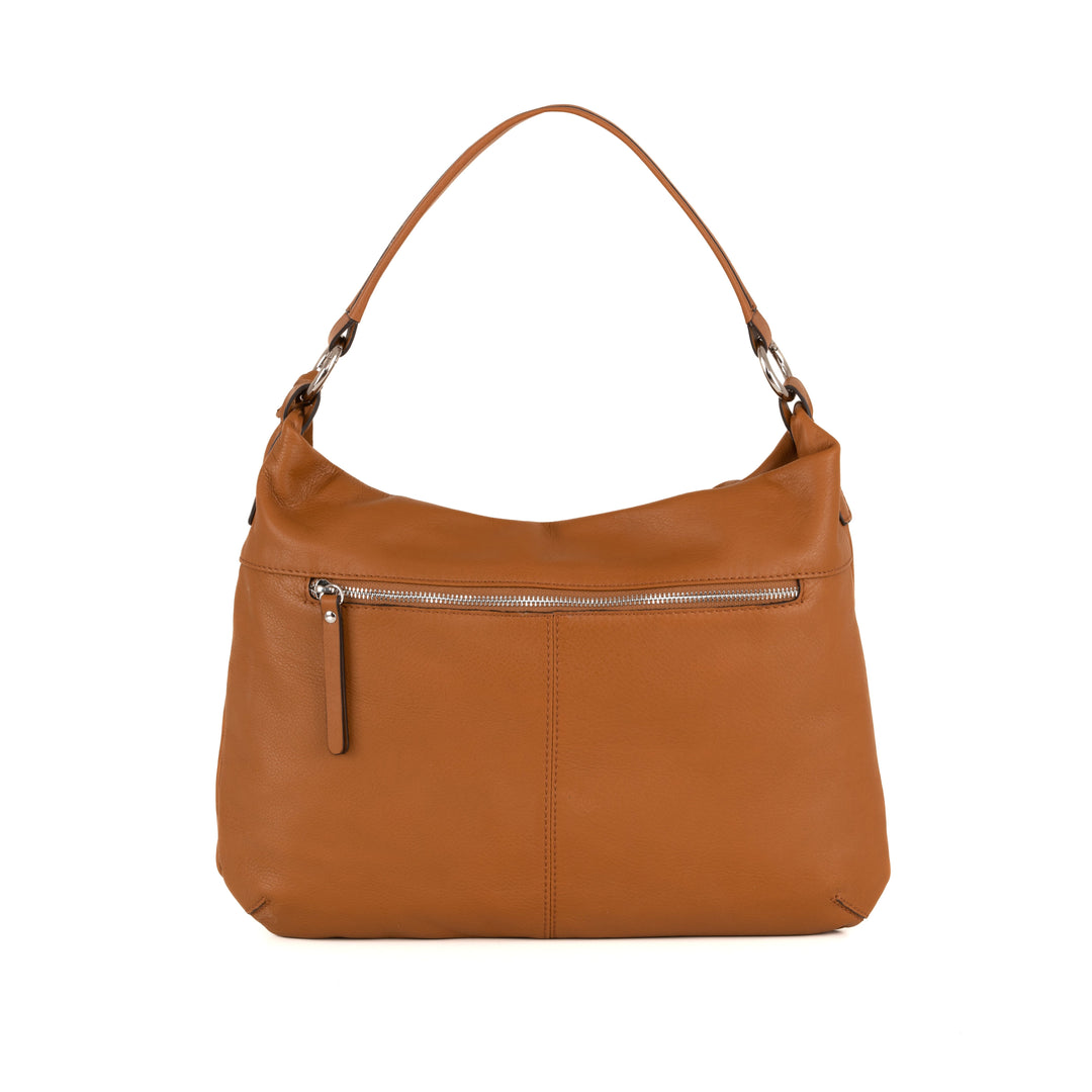 Tan leather hobo bag with zip pocket and shoulder strap