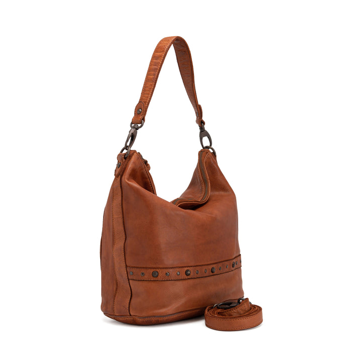 Brown leather shoulder bag with decorative stitching and detachable strap