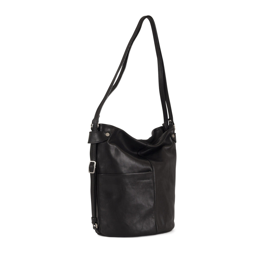 Black leather shoulder bag with front pocket and adjustable strap