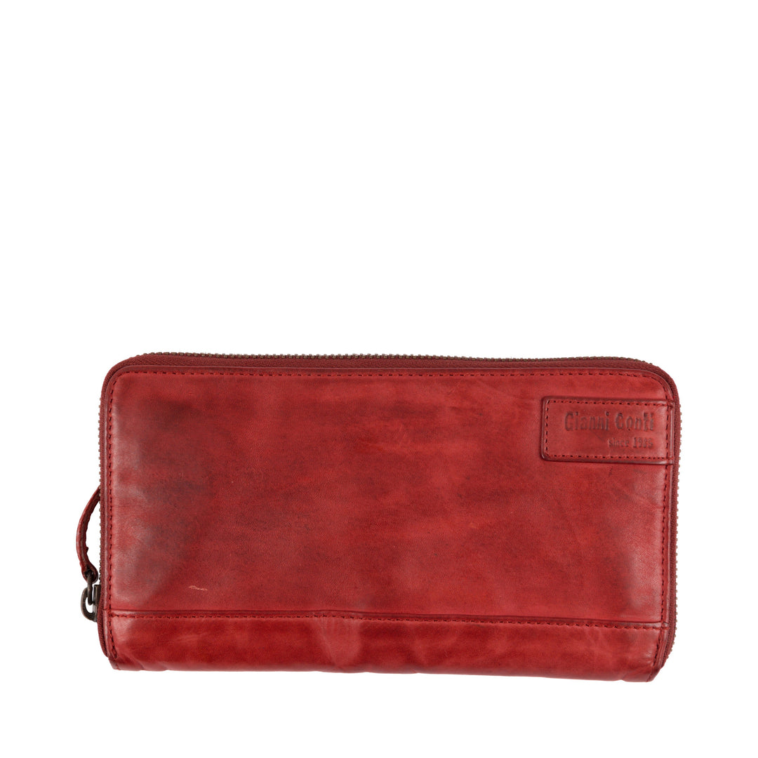 Red leather wallet with zipper closure and embossed brand logo