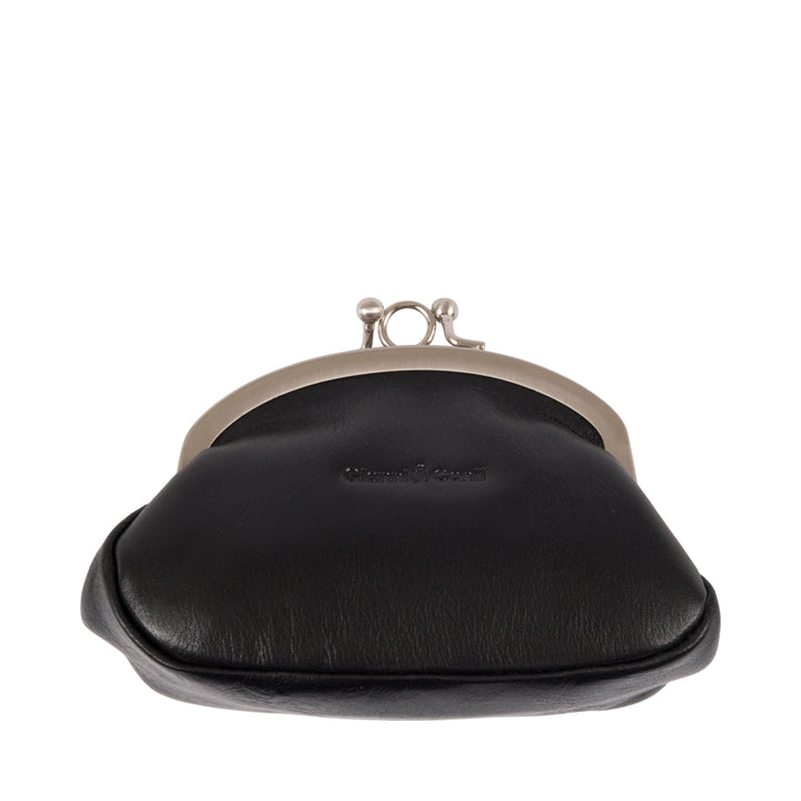 Vintage-style black leather coin purse with metal clasp