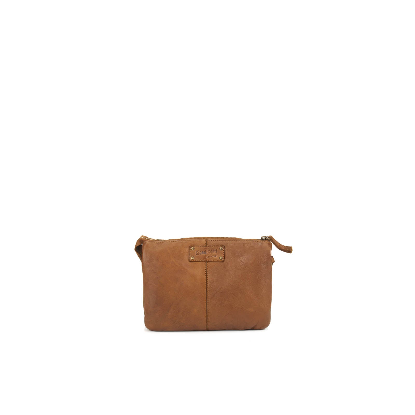 Small brown leather crossbody bag with zipper closure