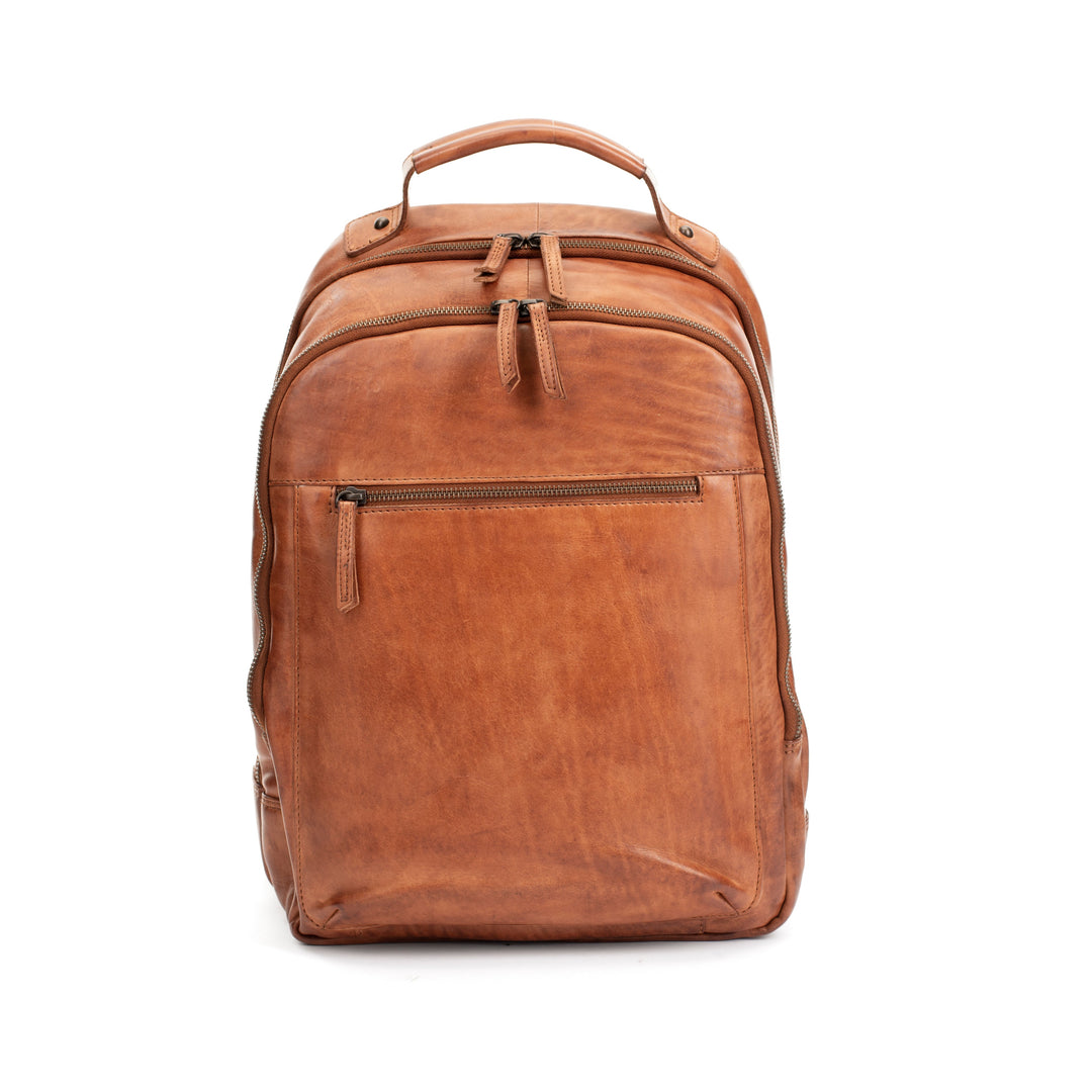 Brown leather backpack with front zipper pocket