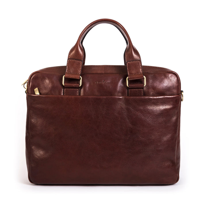 Brown leather laptop bag with two handles and front pocket