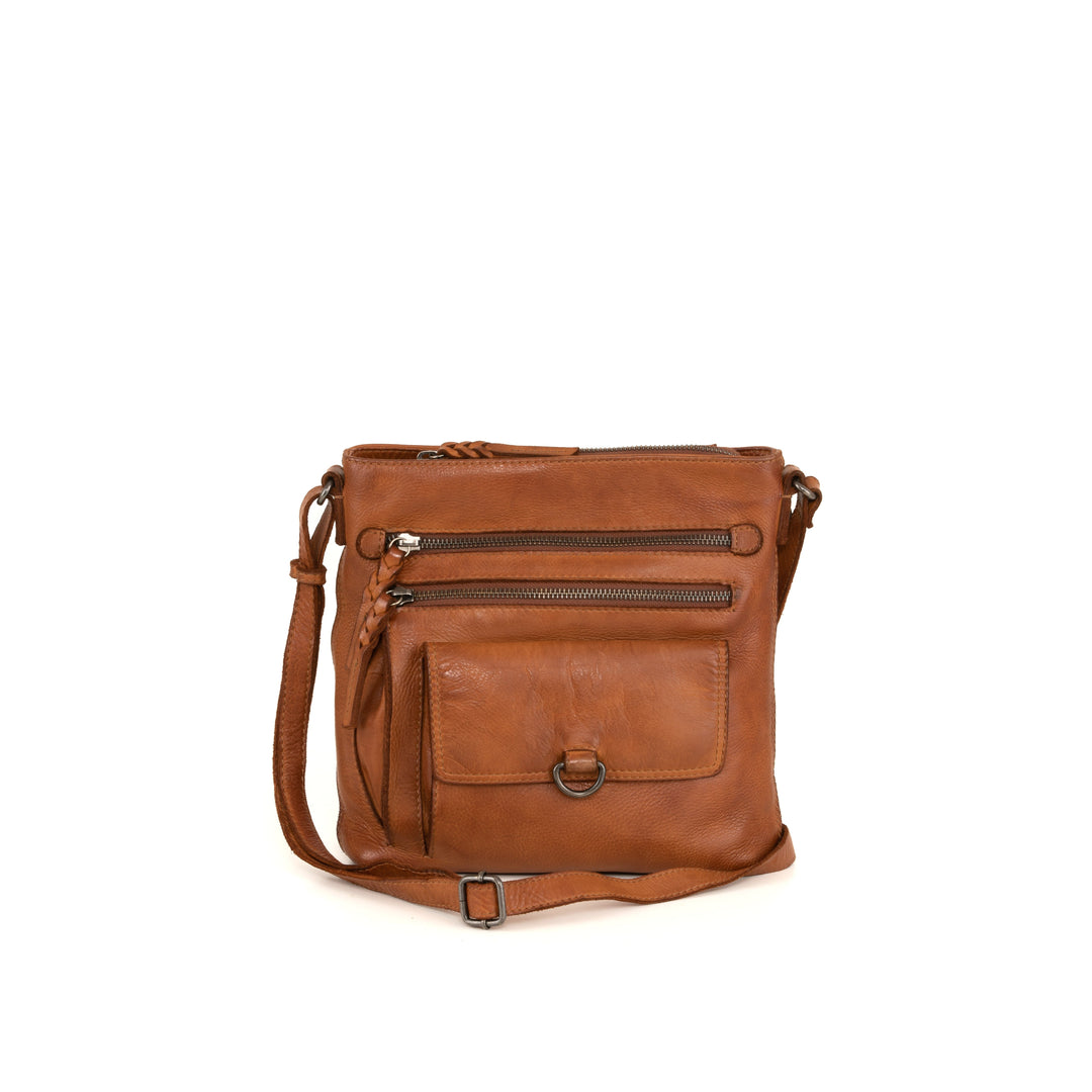 Brown leather crossbody bag with multiple zippered pockets and an adjustable strap