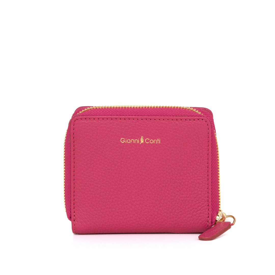 Pink leather Gianni Conti wallet with gold zipper and logo