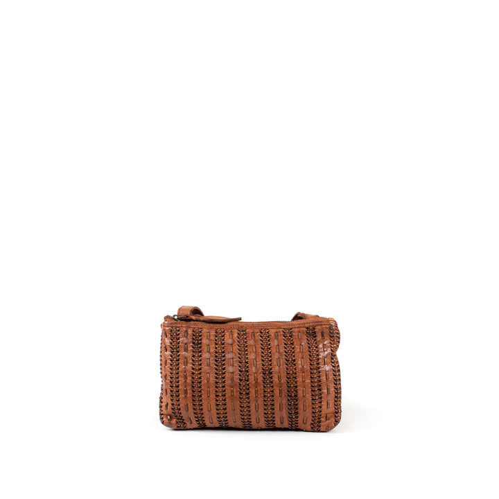 Brown woven handbag with vertical striped pattern on white background