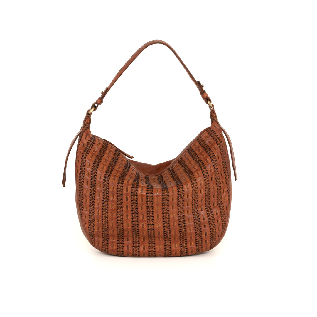 Brown leather hobo bag with intricate woven design and single shoulder strap