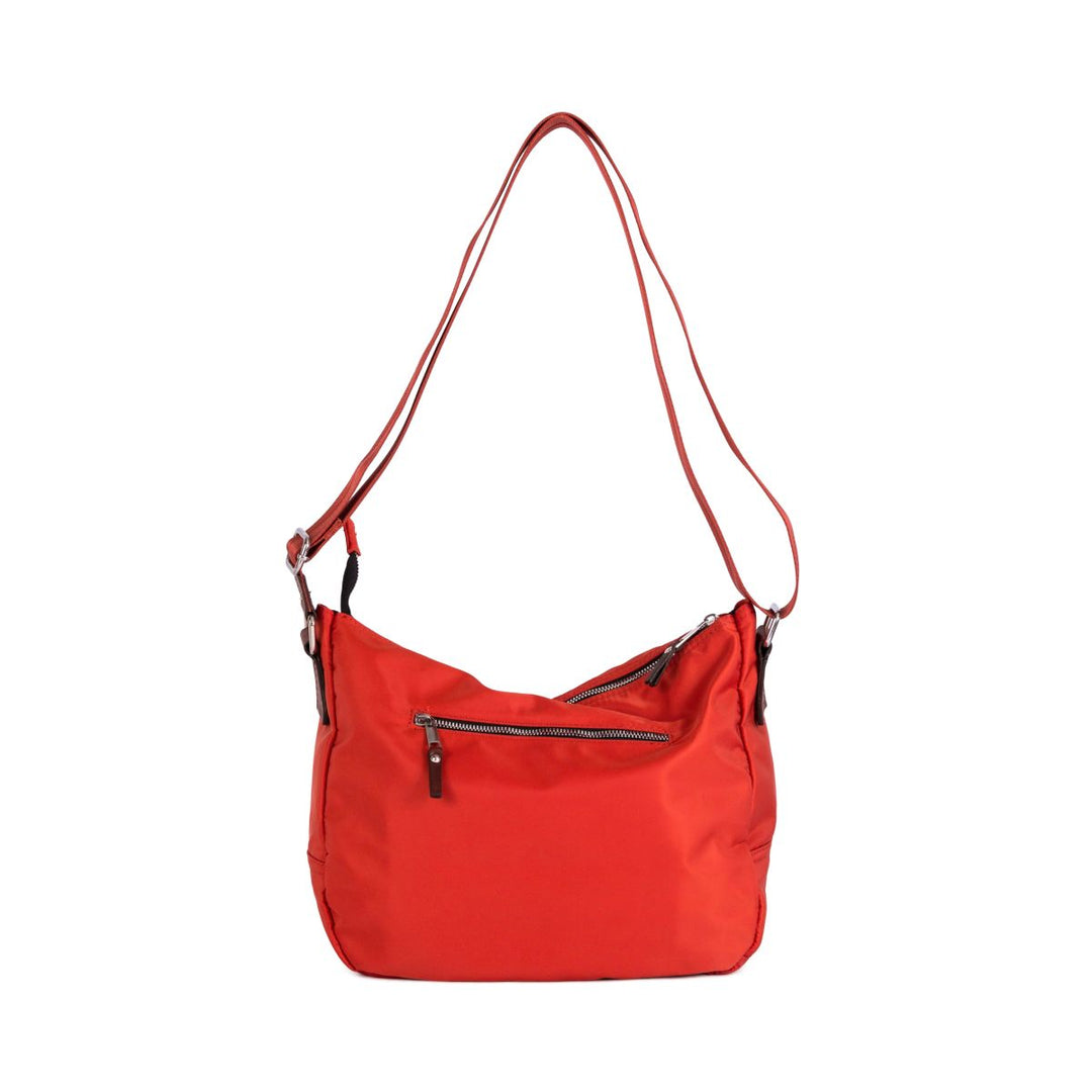 Red shoulder bag with zipper pockets and adjustable strap