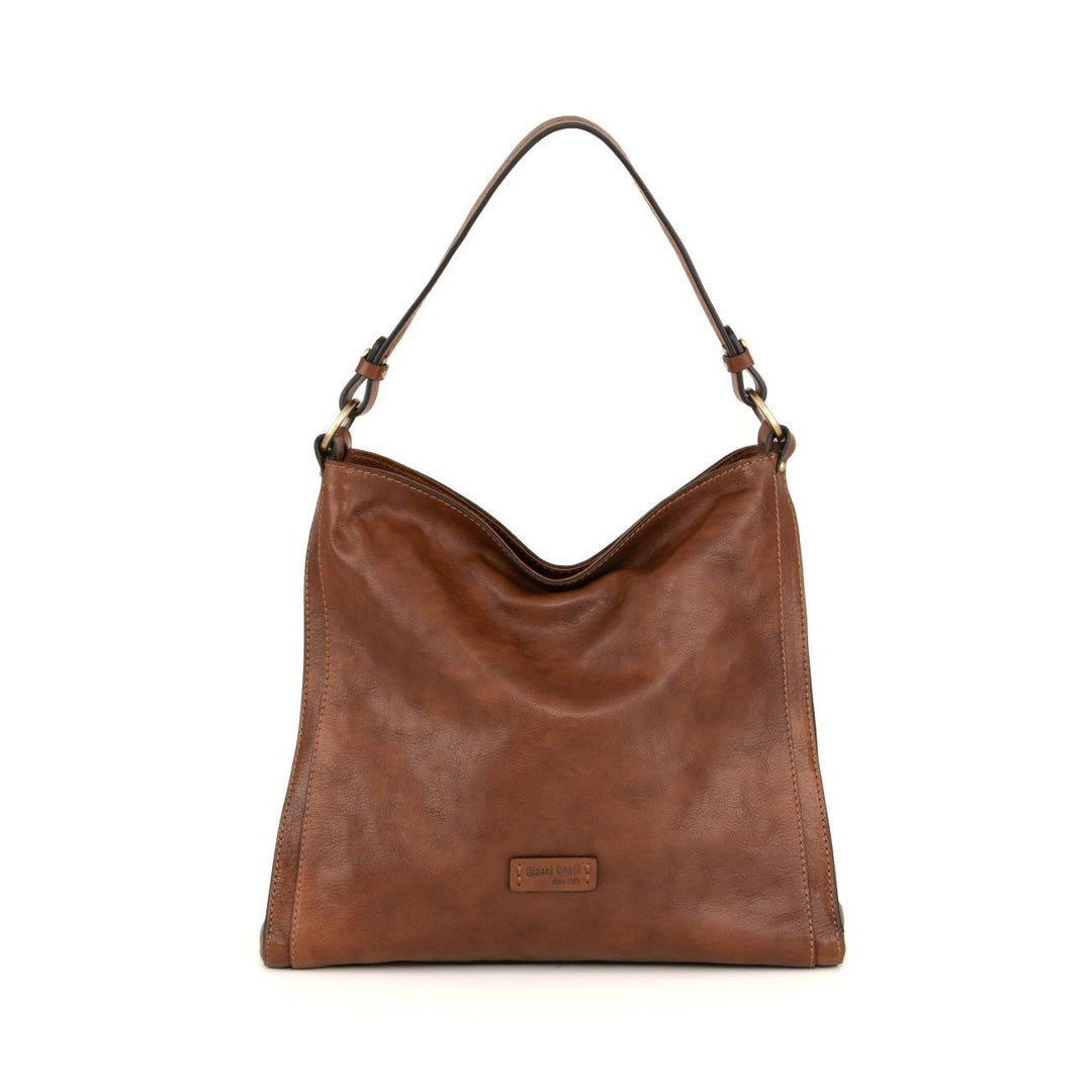 Brown leather handbag with shoulder strap