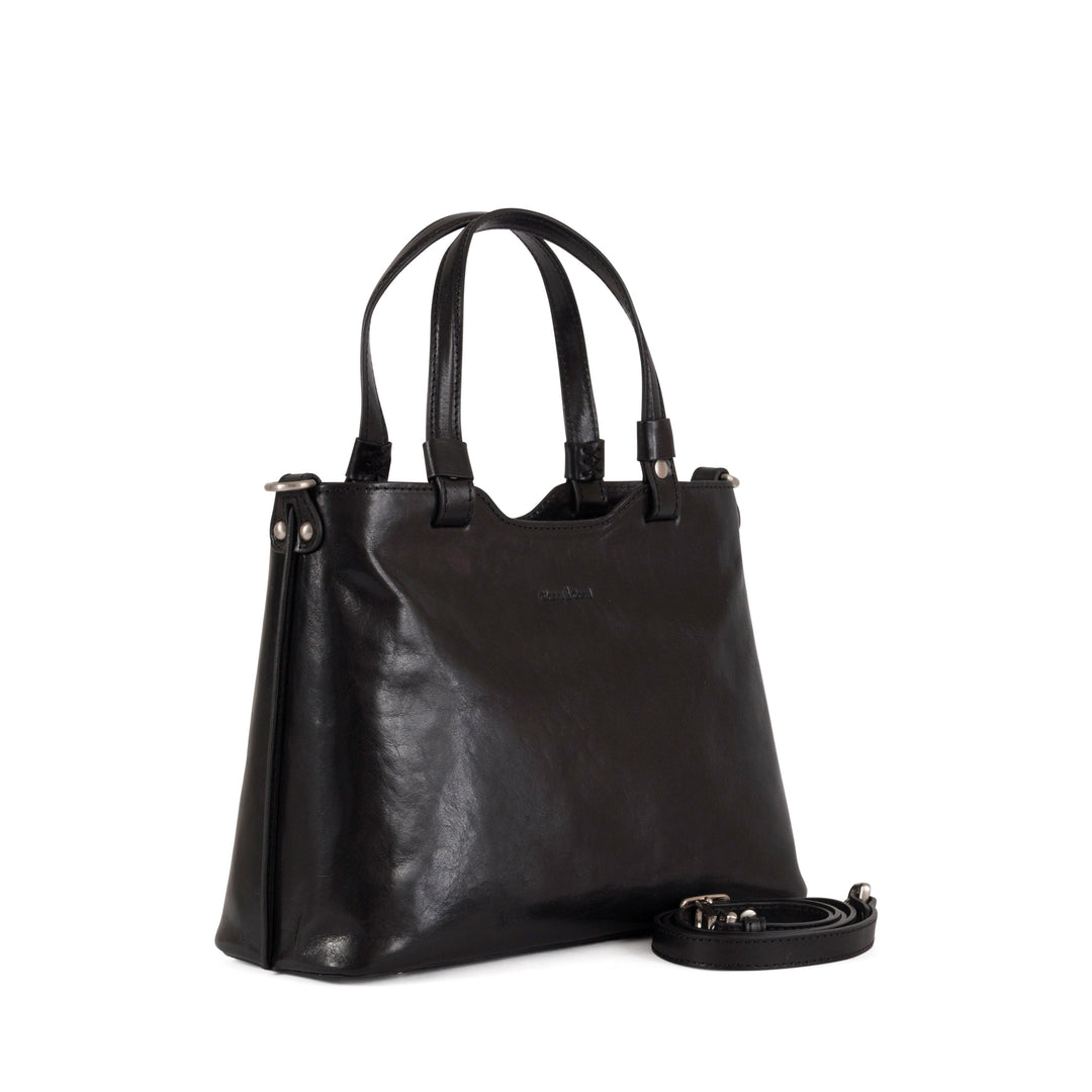 Black leather handbag with straps and detachable shoulder strap