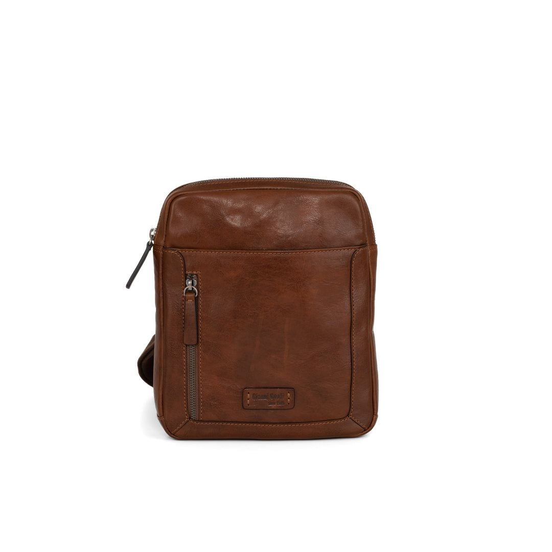 Brown leather crossbody bag with zipper pockets