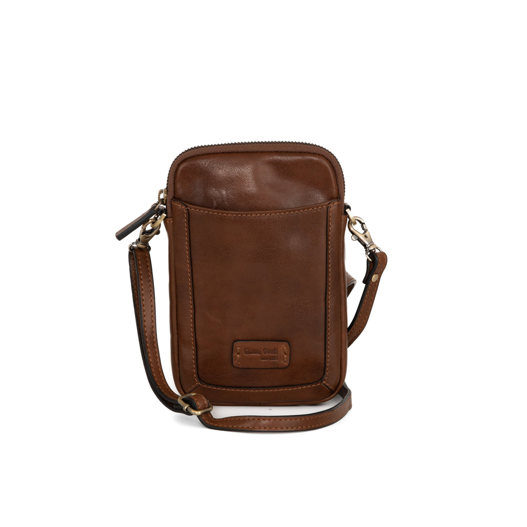 Brown leather crossbody phone bag with adjustable strap and front pocket
