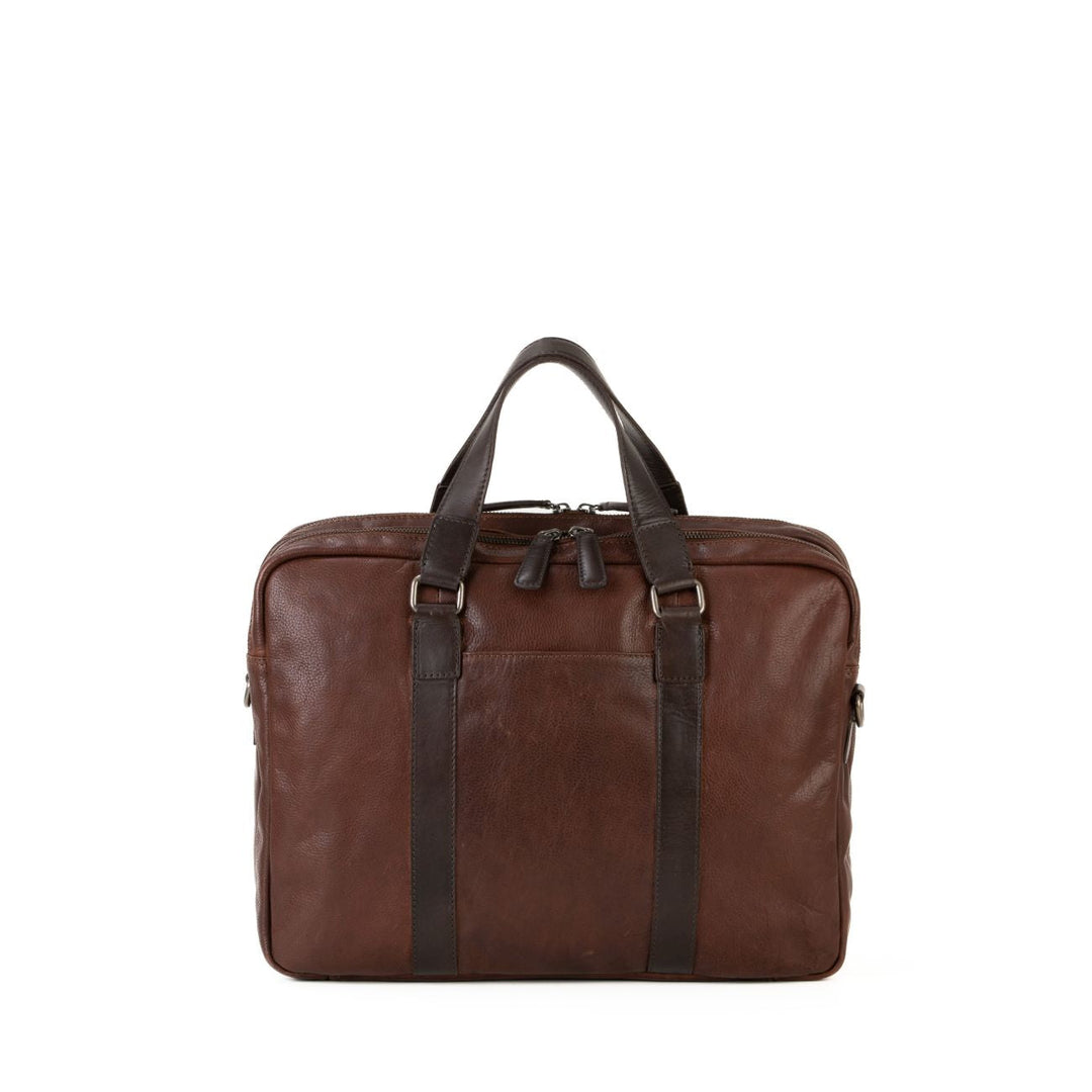 Brown leather briefcase with handles and zipper