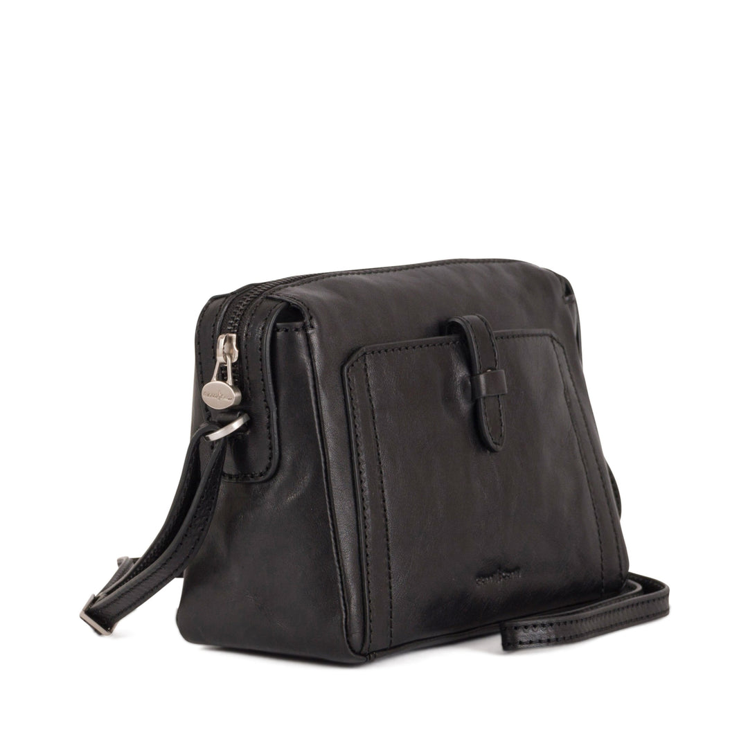 Black leather shoulder bag with front pocket and zipper closure