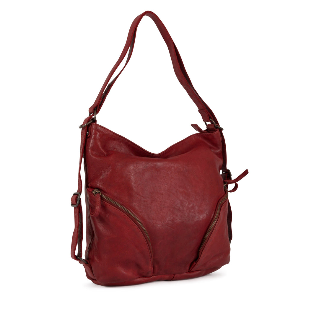 Red leather shoulder bag with adjustable strap and front pockets