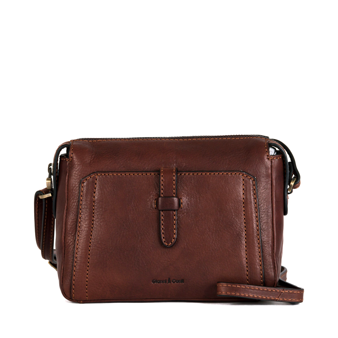 Brown leather crossbody bag with adjustable strap and front pocket