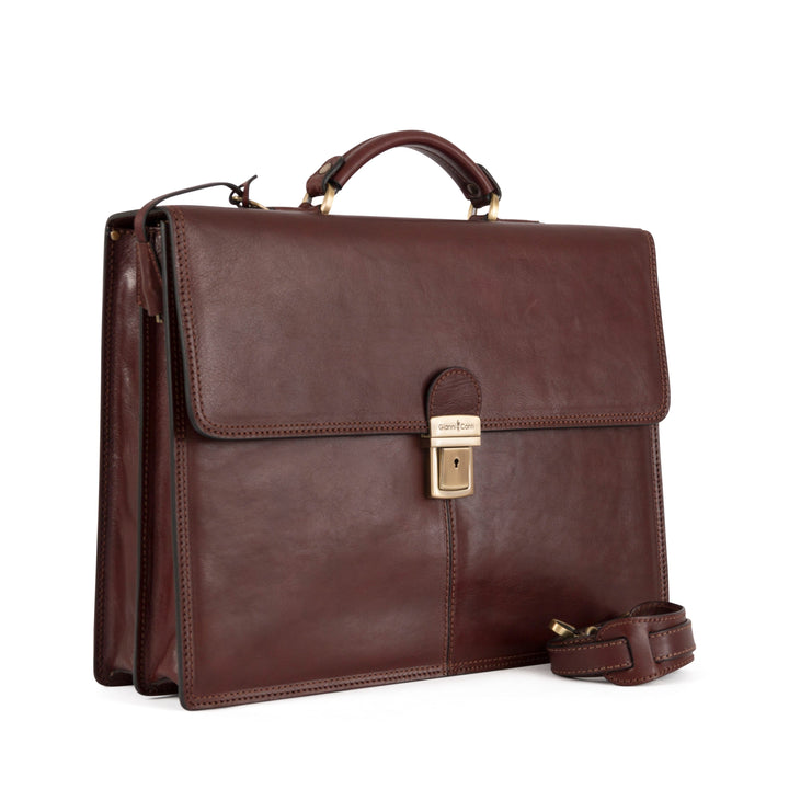 Brown leather briefcase with a top handle and buckle latch