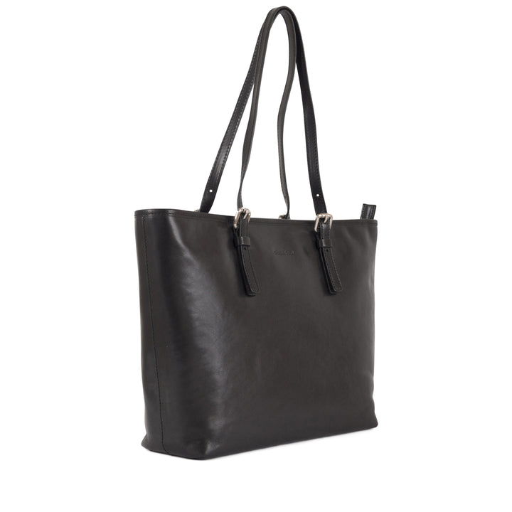 Black leather tote bag with long straps and a minimalist design