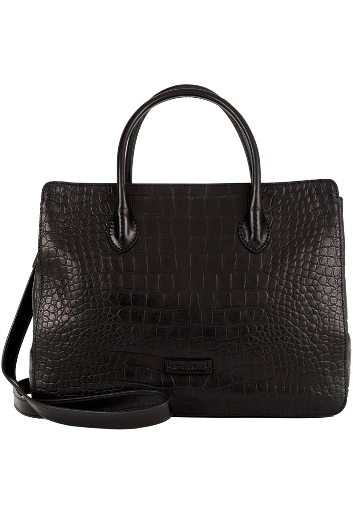 Elegant black crocodile-embossed leather handbag with handles and shoulder strap