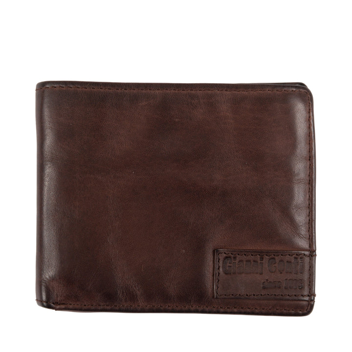 Dark brown leather wallet with embossed logo