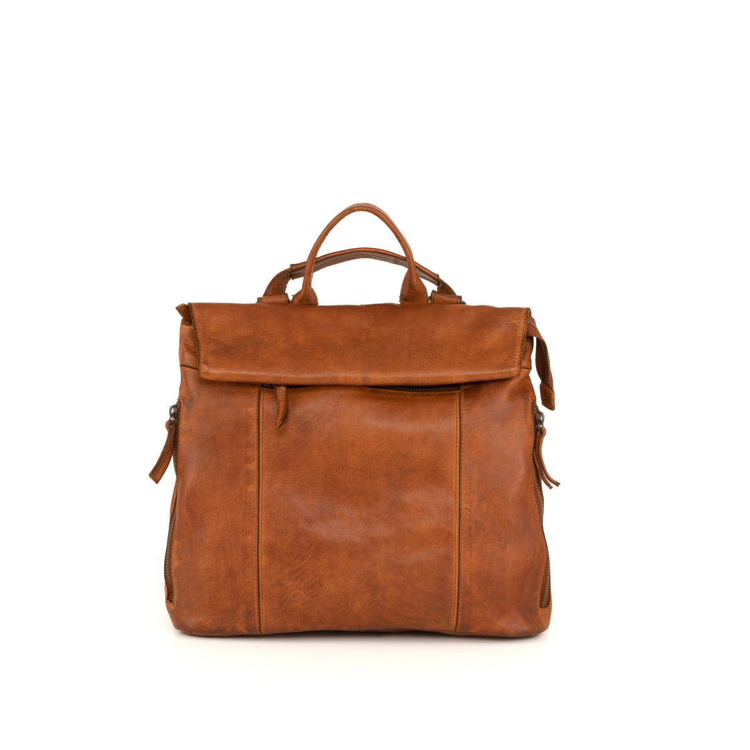 Brown leather backpack with top handles and front pocket