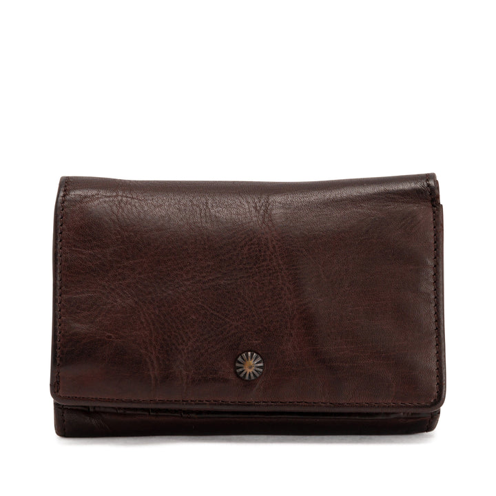 Brown leather wallet with button closure