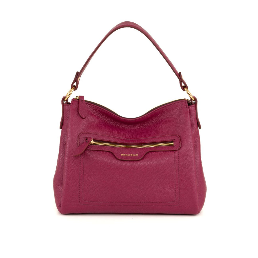 Pink leather handbag with shoulder strap and front zipper pocket