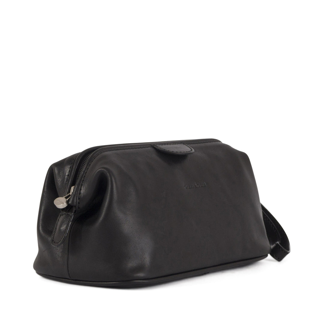Black leather toiletry bag with zipper closure