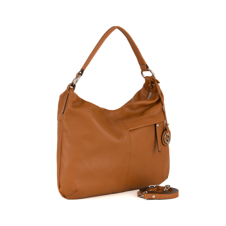 Stylish brown leather handbag with detachable strap