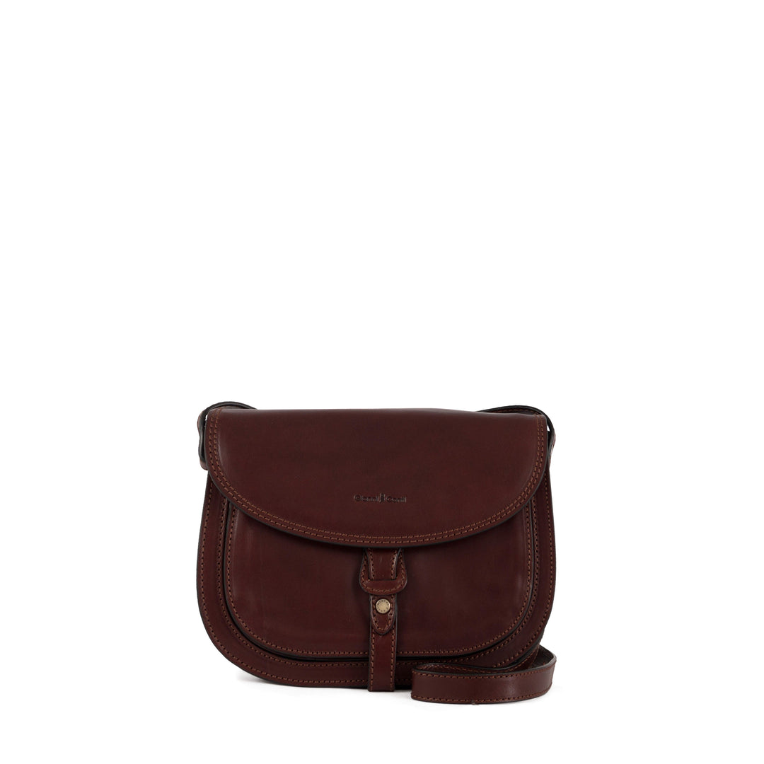 Dark brown leather crossbody bag with flap closure