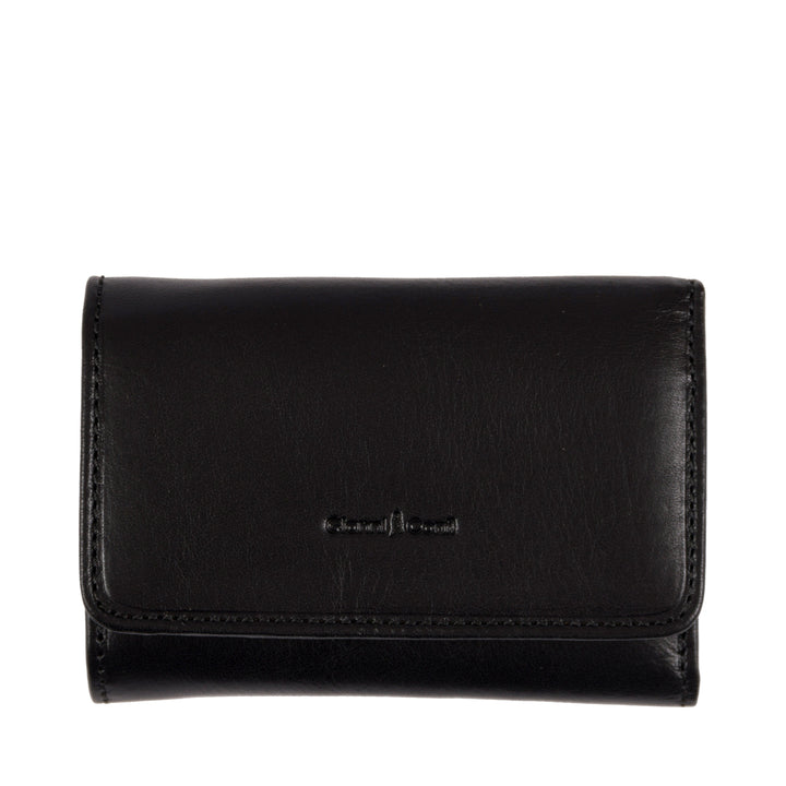 Black leather wallet with front flap and embossed logo