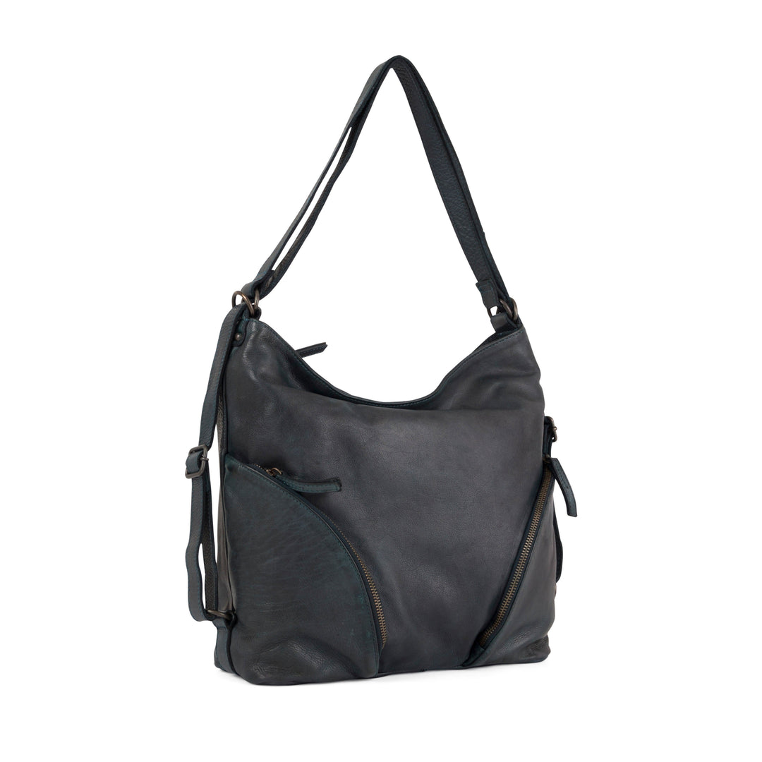 Black leather shoulder bag with zipper pockets and adjustable strap