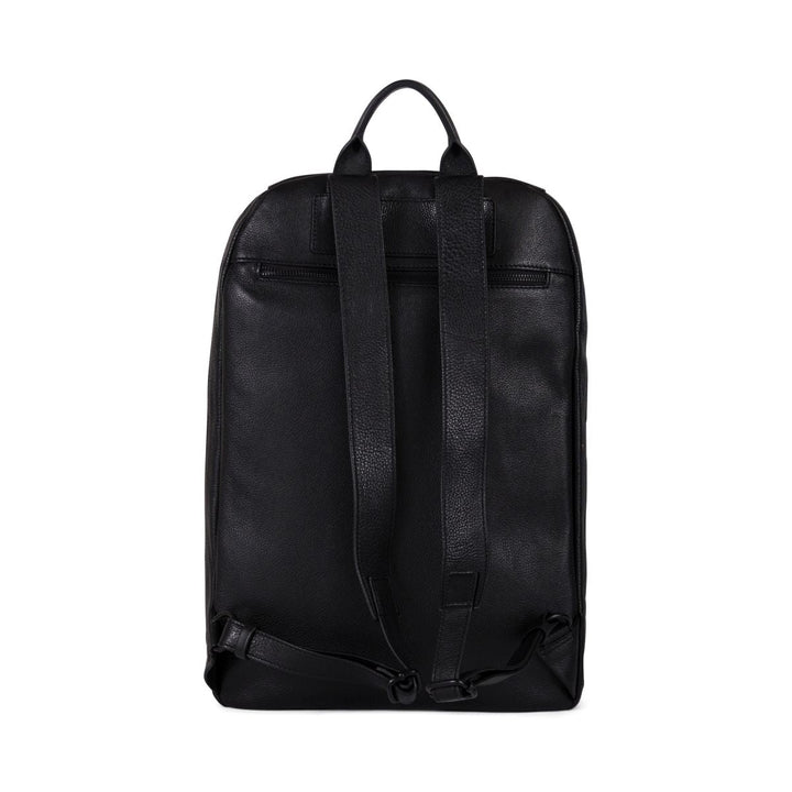 Black leather backpack with adjustable straps on a white background