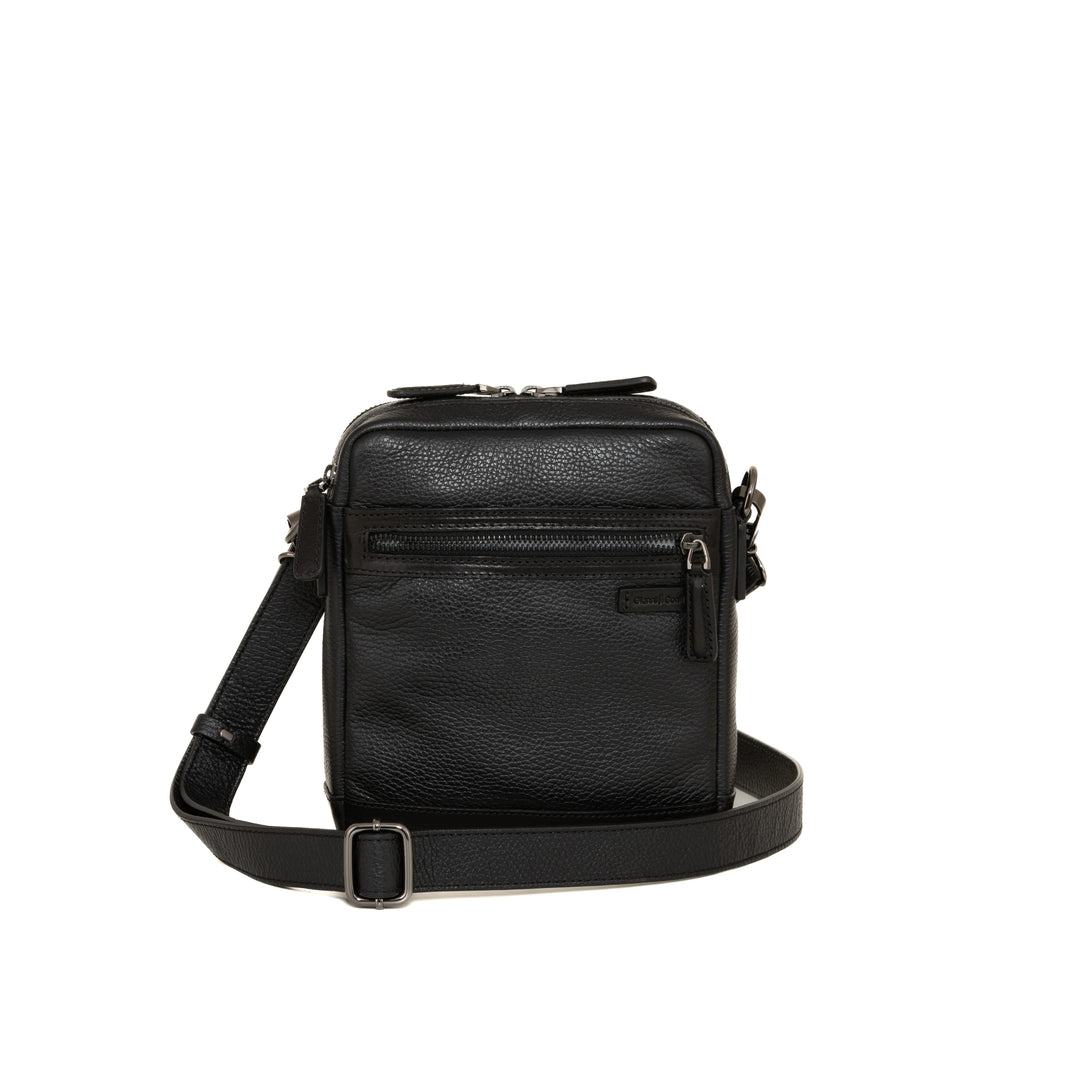 Black leather crossbody bag with an adjustable strap and zippered compartments