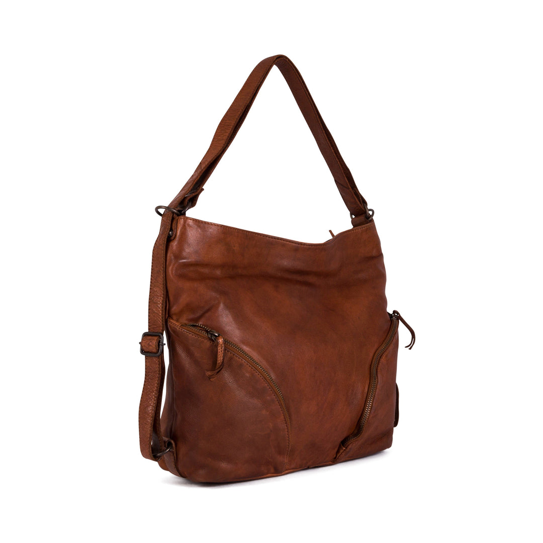 Brown leather shoulder bag with side pockets and adjustable strap