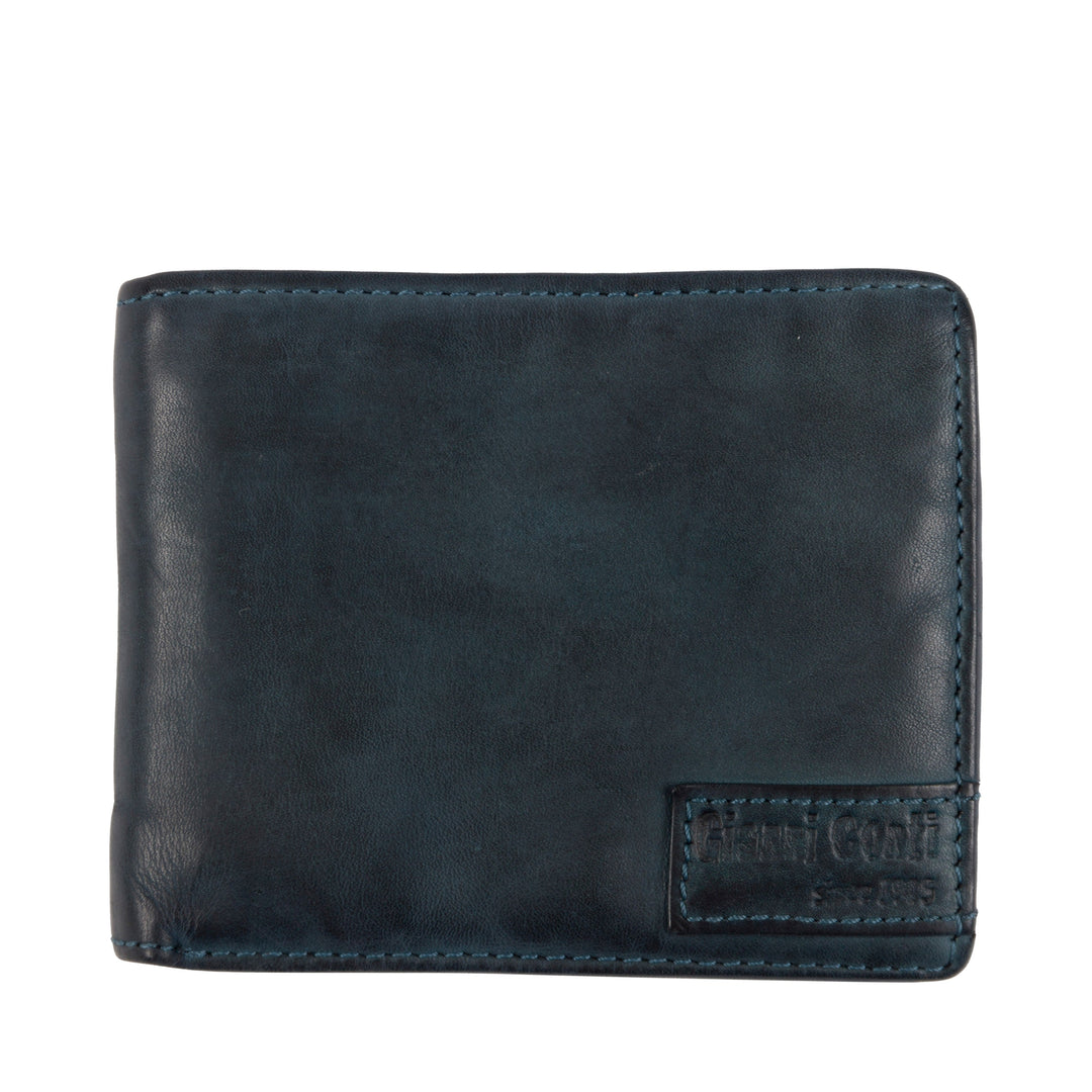 Dark leather wallet with embossed brand logo