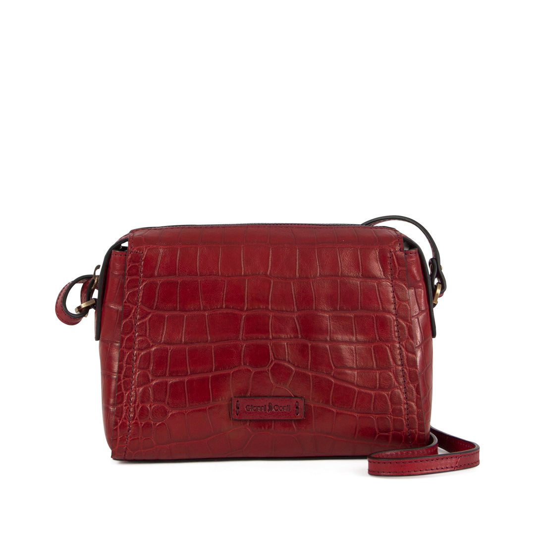 Red crocodile-patterned leather crossbody bag with strap