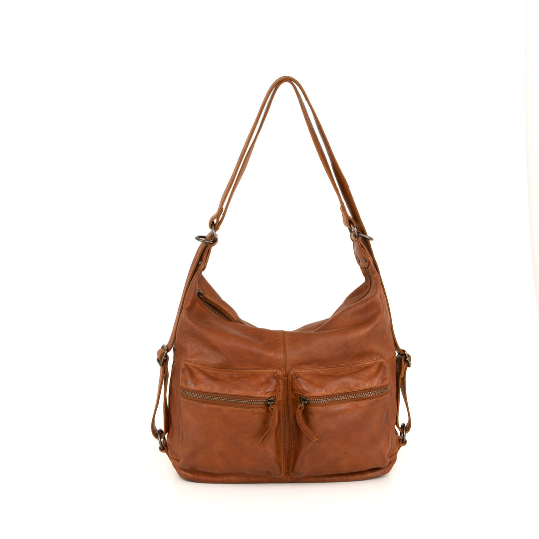 Brown leather shoulder bag with multiple pockets and adjustable straps