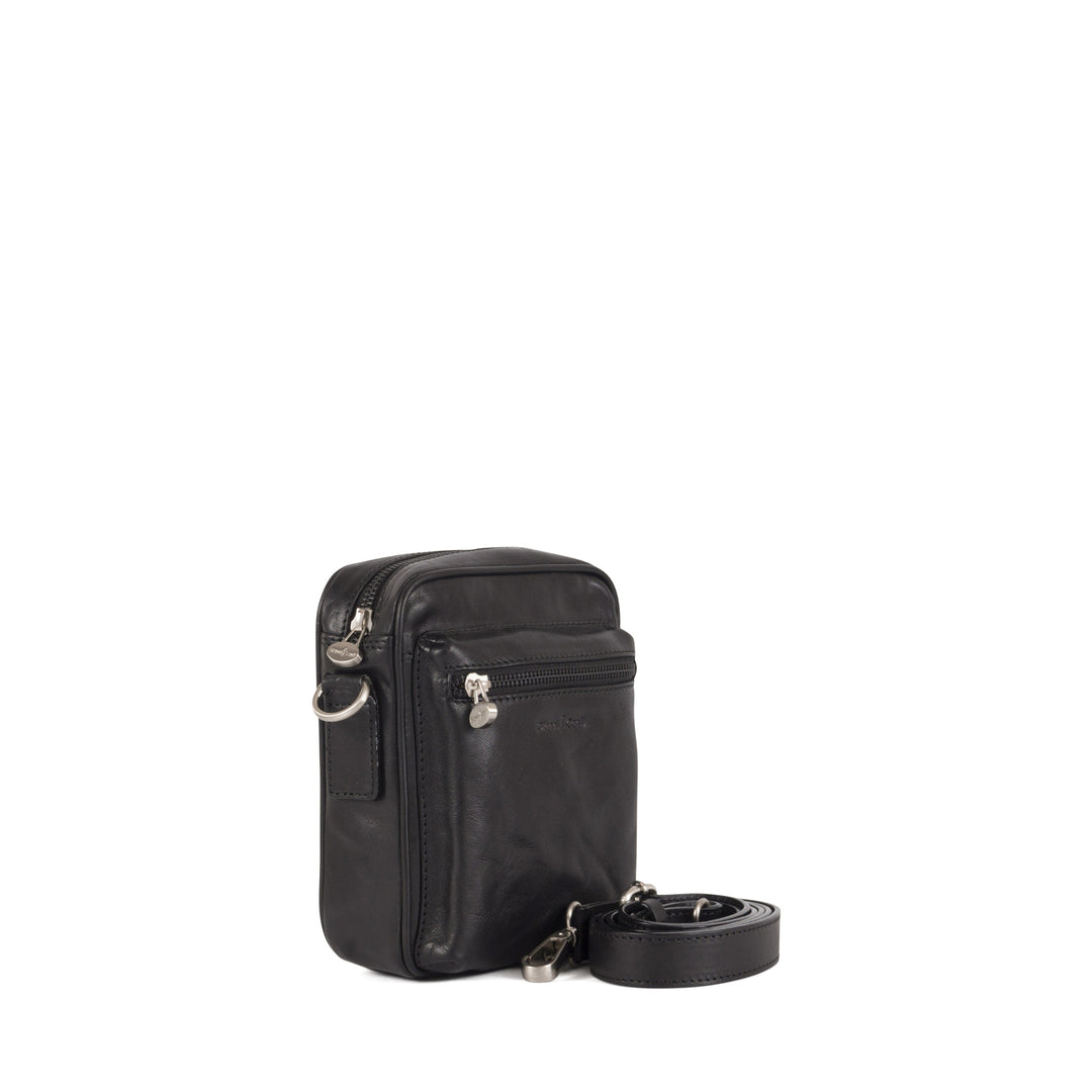 Black leather crossbody bag with zippers and adjustable strap