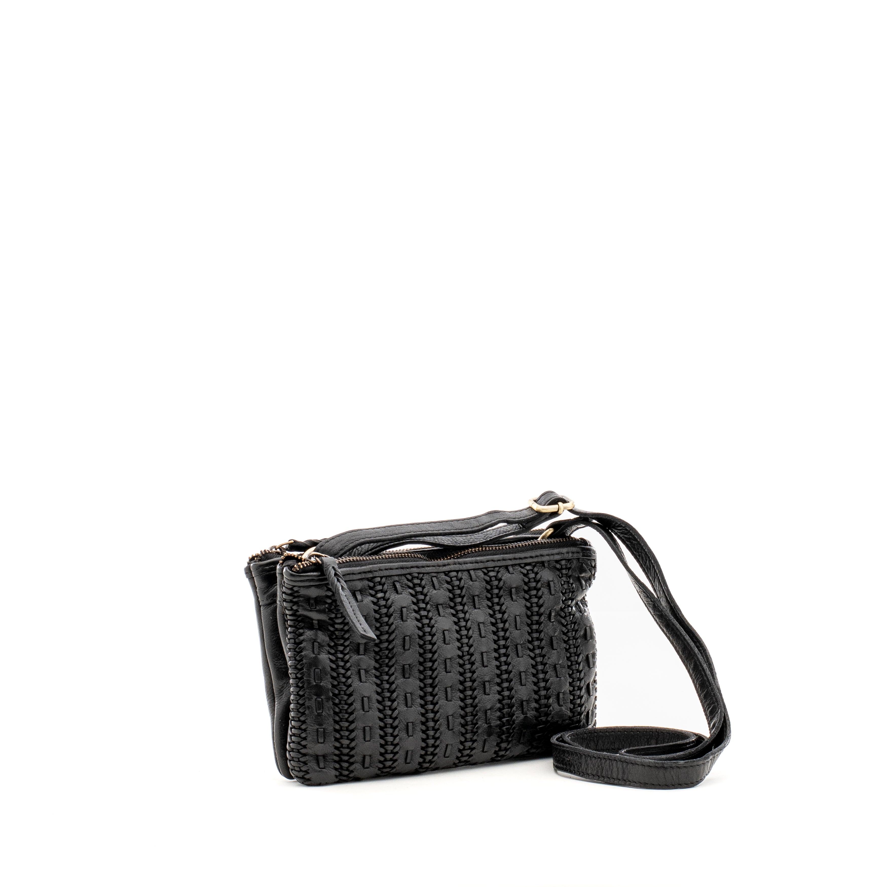 Black woven crossbody bag with adjustable strap
